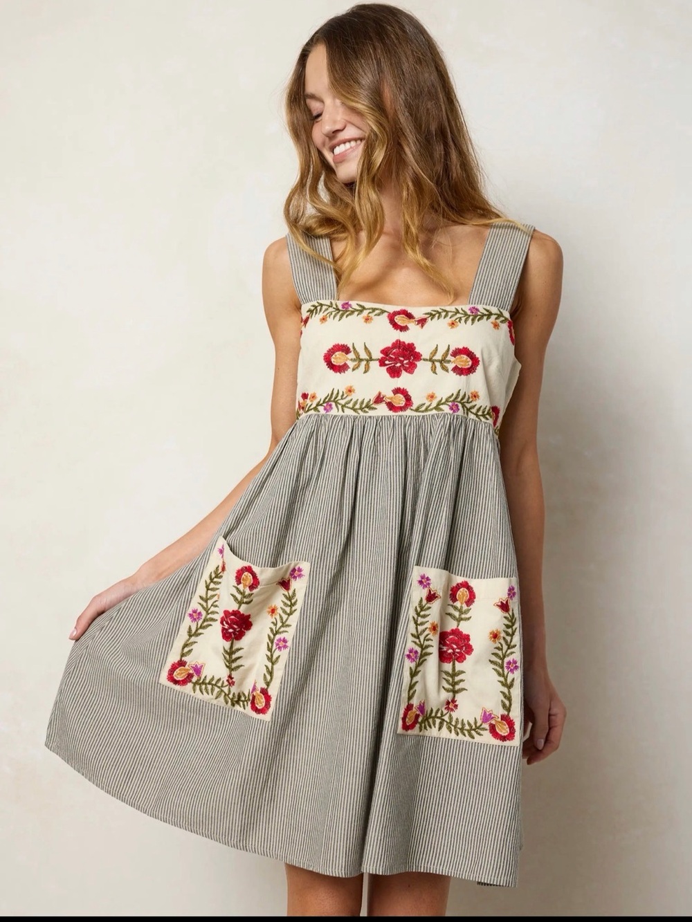 NWT Natural Life Memory Lane Smocked Embroidered Mini Dress Size L Gray Cream